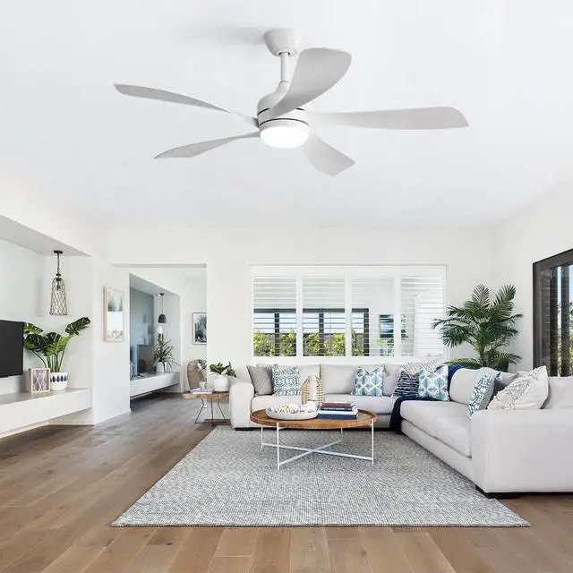 Alt view image 2 of 6 - 52 inch White Ceiling Fans with Lights, Remote Control, Low Profile, Modern, Outdoor Ceiling Fan with with 5 Blades, Quiet Reversible DC Motor for Living Room, Bedroom, Patios