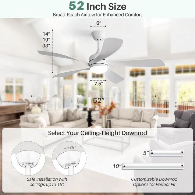 Alt view image 3 of 6 - 52 inch White Ceiling Fans with Lights, Remote Control, Low Profile, Modern, Outdoor Ceiling Fan with with 5 Blades, Quiet Reversible DC Motor for Living Room, Bedroom, Patios