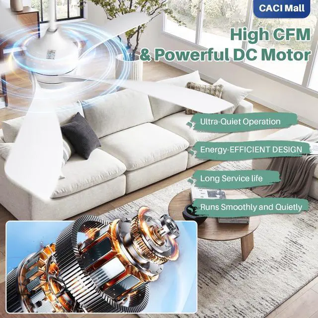 Alt view image 4 of 6 - 52 inch White Ceiling Fans with Lights, Remote Control, Low Profile, Modern, Outdoor Ceiling Fan with with 5 Blades, Quiet Reversible DC Motor for Living Room, Bedroom, Patios