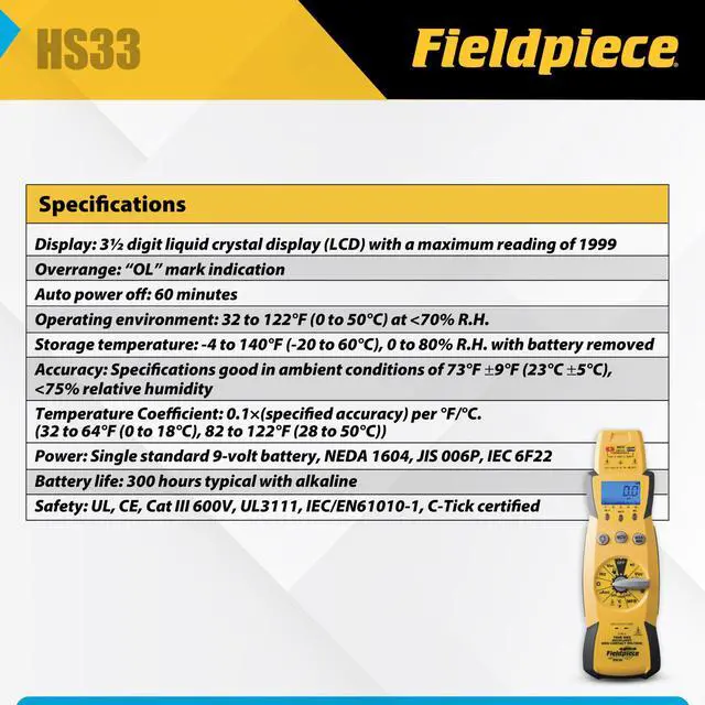 Alt view image 3 of 6 - HS33 Expandable Manual Ranging Stick Multimeter for HVAC/R 400A Clamp - Non-Contact Voltage with Temperature to 1000°F - Capacitance and K-Type Thermocouple - HVAC Electrical Tester