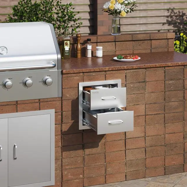 Alt view image 2 of 6 - Outdoor Kitchen Cabinets 14W x 14.3H x 23D Inch, BBQ Island Drawers Stainless Steel, Flush Mount Double with Handle, BBQ Island for Outdoor Kitchens or Grill Station