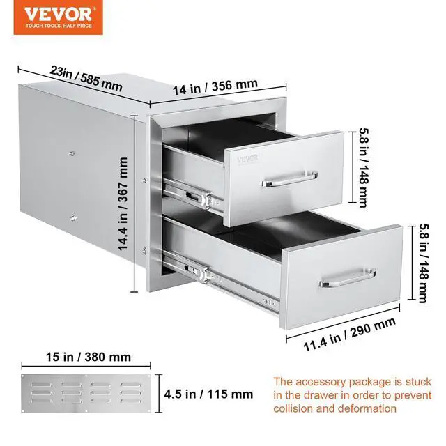 Alt view image 3 of 6 - Outdoor Kitchen Cabinets 14W x 14.3H x 23D Inch, BBQ Island Drawers Stainless Steel, Flush Mount Double with Handle, BBQ Island for Outdoor Kitchens or Grill Station