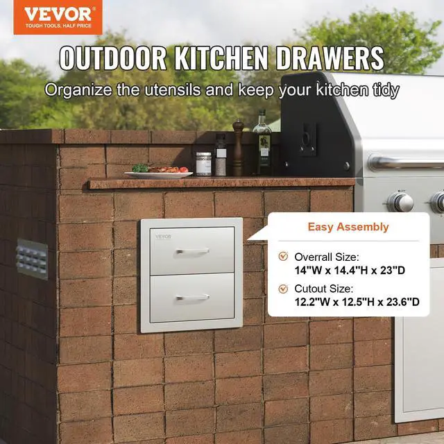 Alt view image 4 of 6 - Outdoor Kitchen Cabinets 14W x 14.3H x 23D Inch, BBQ Island Drawers Stainless Steel, Flush Mount Double with Handle, BBQ Island for Outdoor Kitchens or Grill Station