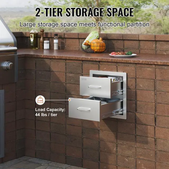 Alt view image 5 of 6 - Outdoor Kitchen Cabinets 14W x 14.3H x 23D Inch, BBQ Island Drawers Stainless Steel, Flush Mount Double with Handle, BBQ Island for Outdoor Kitchens or Grill Station