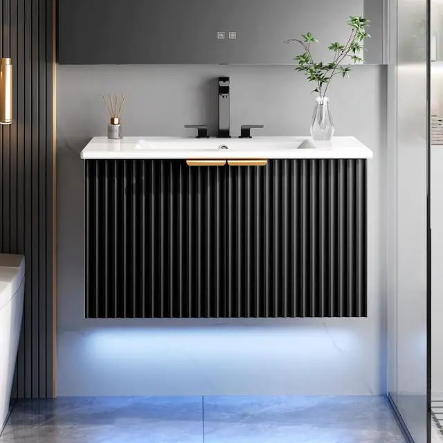 Main image of 30" Bathroom Vanity with Sink, Modern Wall Mounted Floating Vanity Cabinet, Modern Bathroom Sinks with LED Light, Metal Handle & Double Soft-Close Doors, Black