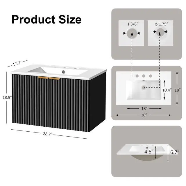 Alt view image 2 of 6 - 30" Bathroom Vanity with Sink, Modern Wall Mounted Floating Vanity Cabinet, Modern Bathroom Sinks with LED Light, Metal Handle & Double Soft-Close Doors, Black