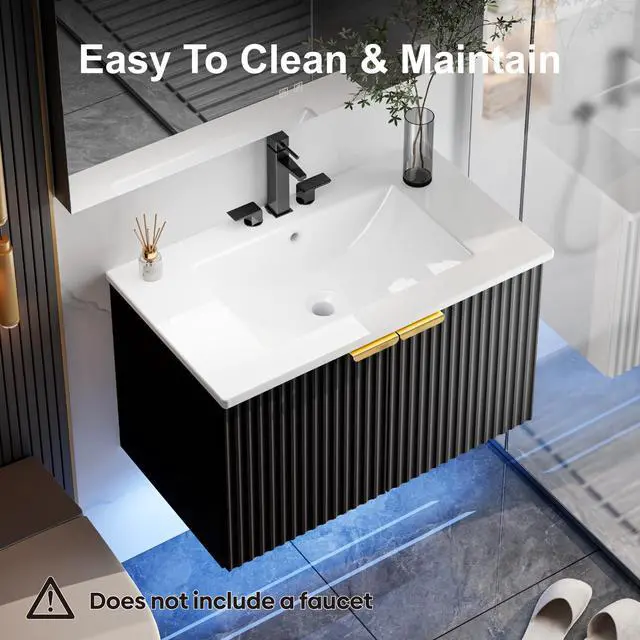 Alt view image 4 of 6 - 30" Bathroom Vanity with Sink, Modern Wall Mounted Floating Vanity Cabinet, Modern Bathroom Sinks with LED Light, Metal Handle & Double Soft-Close Doors, Black