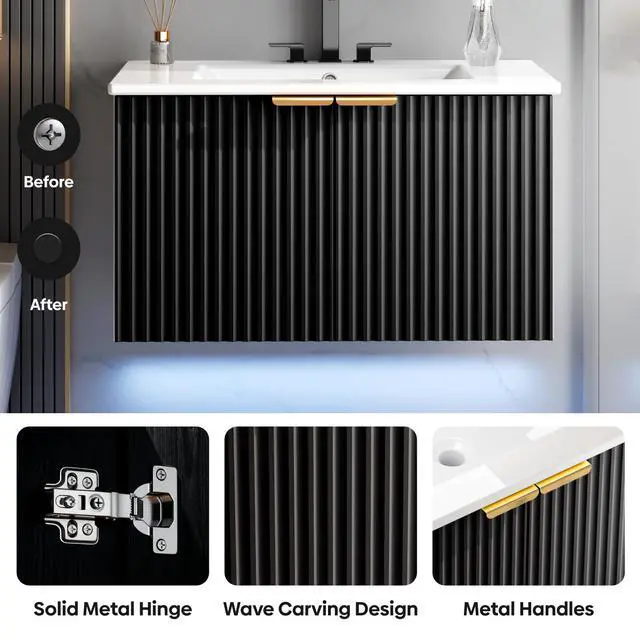 Alt view image 5 of 6 - 30" Bathroom Vanity with Sink, Modern Wall Mounted Floating Vanity Cabinet, Modern Bathroom Sinks with LED Light, Metal Handle & Double Soft-Close Doors, Black