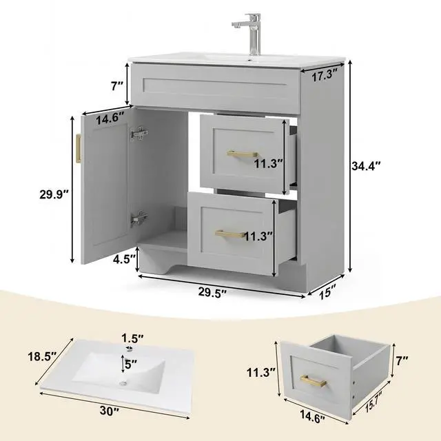 Alt view image 2 of 6 - 30 Inch Bathroom Vanity with Sink, Modern Shaker Bathroom Sink Cabinet with Soft-Close Door & 2 Drawers, Wood Freestanding Bathroom Storage Cabinet with Ceramic Basin, Grey