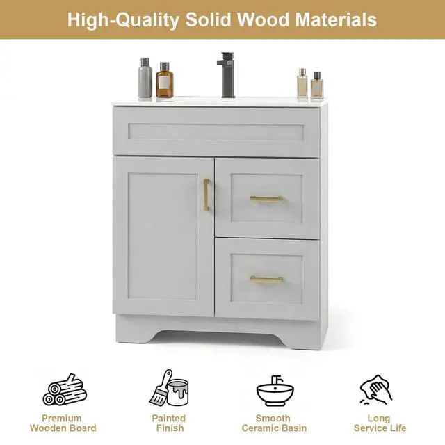 Alt view image 3 of 6 - 30 Inch Bathroom Vanity with Sink, Modern Shaker Bathroom Sink Cabinet with Soft-Close Door & 2 Drawers, Wood Freestanding Bathroom Storage Cabinet with Ceramic Basin, Grey