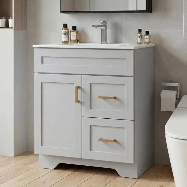 Alt view image 4 of 6 - 30 Inch Bathroom Vanity with Sink, Modern Shaker Bathroom Sink Cabinet with Soft-Close Door & 2 Drawers, Wood Freestanding Bathroom Storage Cabinet with Ceramic Basin, Grey