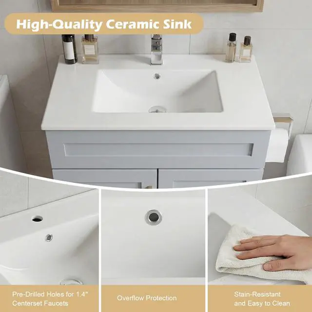Alt view image 5 of 6 - 30 Inch Bathroom Vanity with Sink, Modern Shaker Bathroom Sink Cabinet with Soft-Close Door & 2 Drawers, Wood Freestanding Bathroom Storage Cabinet with Ceramic Basin, Grey