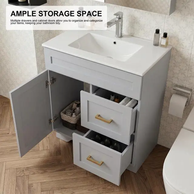 Alt view image 6 of 6 - 30 Inch Bathroom Vanity with Sink, Modern Shaker Bathroom Sink Cabinet with Soft-Close Door & 2 Drawers, Wood Freestanding Bathroom Storage Cabinet with Ceramic Basin, Grey