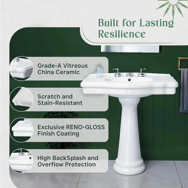 Alt view image 2 of 6 - Darbyshire 34"W x 22.5" D x 32" H Large Bathroom Pedestal Sink. Vitreous China with Overflow, 8 in. Widespread Faucet Holes