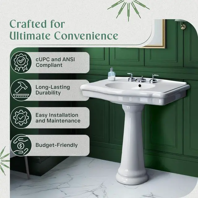 Alt view image 3 of 6 - Darbyshire 34"W x 22.5" D x 32" H Large Bathroom Pedestal Sink. Vitreous China with Overflow, 8 in. Widespread Faucet Holes