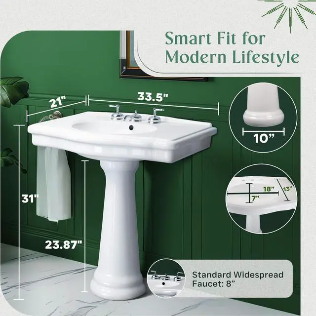 Alt view image 4 of 6 - Darbyshire 34"W x 22.5" D x 32" H Large Bathroom Pedestal Sink. Vitreous China with Overflow, 8 in. Widespread Faucet Holes