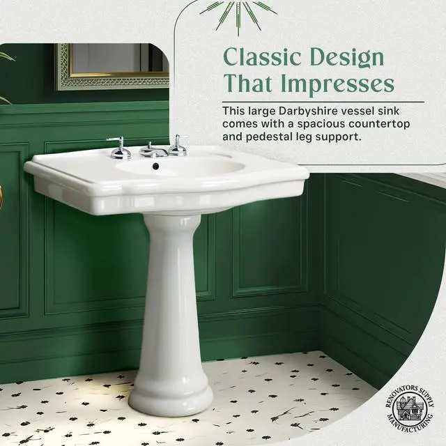 Alt view image 5 of 6 - Darbyshire 34"W x 22.5" D x 32" H Large Bathroom Pedestal Sink. Vitreous China with Overflow, 8 in. Widespread Faucet Holes