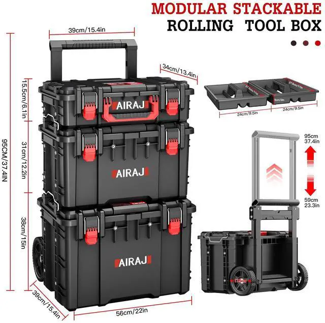 Alt view image 3 of 6 - Rolling Tool Box with Wheels Heavy Duty,Modular Stackable Tool Box Organizer,Waterproof Toolbox for Hand/Power Tools,Removable Divider/Parts Box,All-terrain Durable Wheels,Telescopic Pull Rod Handle