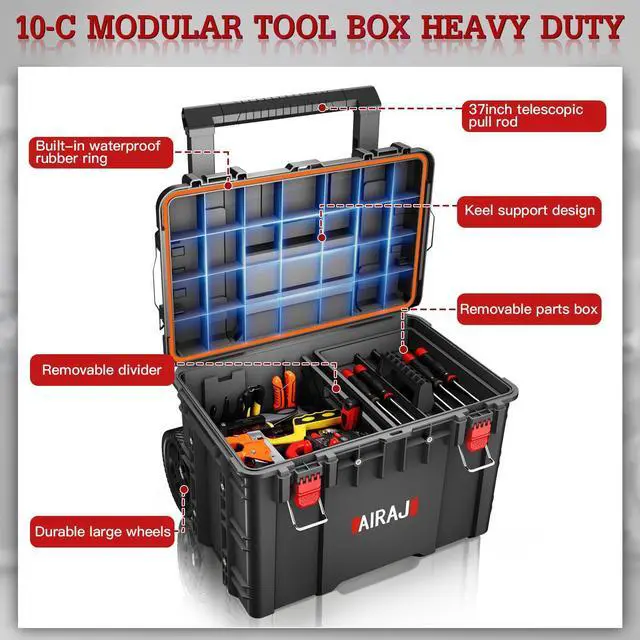 Alt view image 6 of 6 - Rolling Tool Box with Wheels Heavy Duty,Modular Stackable Tool Box Organizer,Waterproof Toolbox for Hand/Power Tools,Removable Divider/Parts Box,All-terrain Durable Wheels,Telescopic Pull Rod Handle