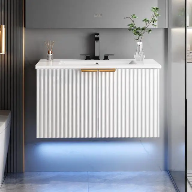 Main image of Bathroom Vanity with Sink, 30" Wall Mounted Floating Vanity Cabinet, Modern Bathroom Sinks with LED Light, Metal Handle & Double Soft-Close Doors, White