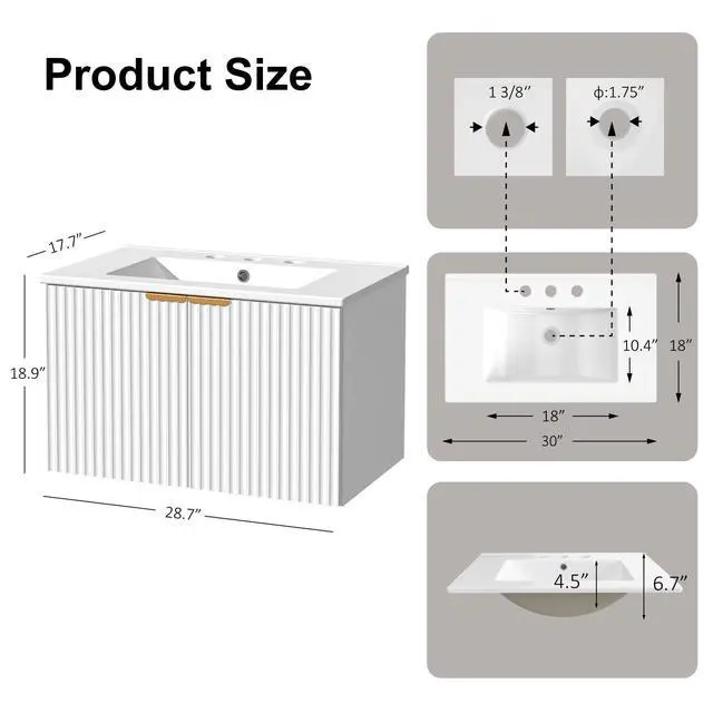Alt view image 2 of 6 - Bathroom Vanity with Sink, 30" Wall Mounted Floating Vanity Cabinet, Modern Bathroom Sinks with LED Light, Metal Handle & Double Soft-Close Doors, White