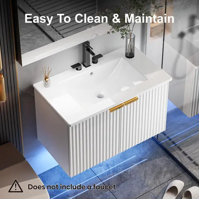 Alt view image 3 of 6 - Bathroom Vanity with Sink, 30" Wall Mounted Floating Vanity Cabinet, Modern Bathroom Sinks with LED Light, Metal Handle & Double Soft-Close Doors, White