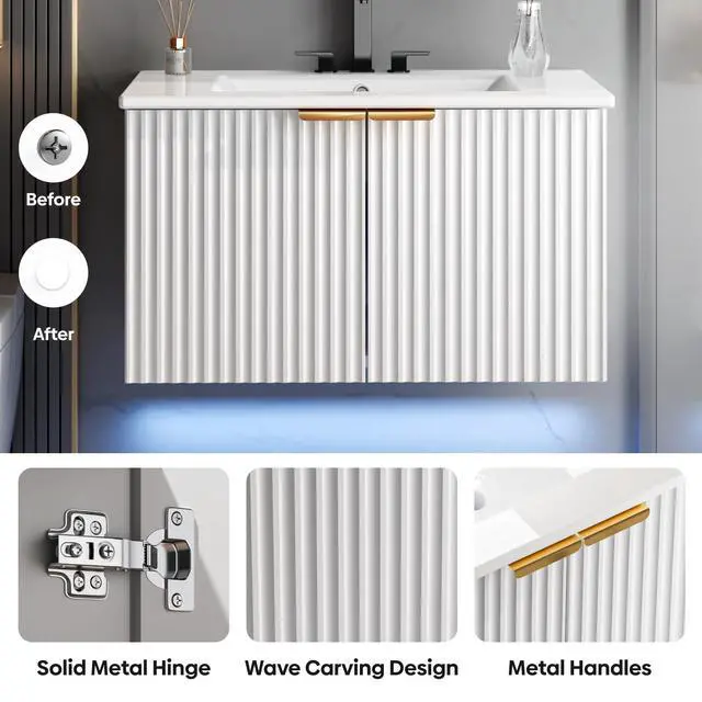 Alt view image 6 of 6 - Bathroom Vanity with Sink, 30" Wall Mounted Floating Vanity Cabinet, Modern Bathroom Sinks with LED Light, Metal Handle & Double Soft-Close Doors, White