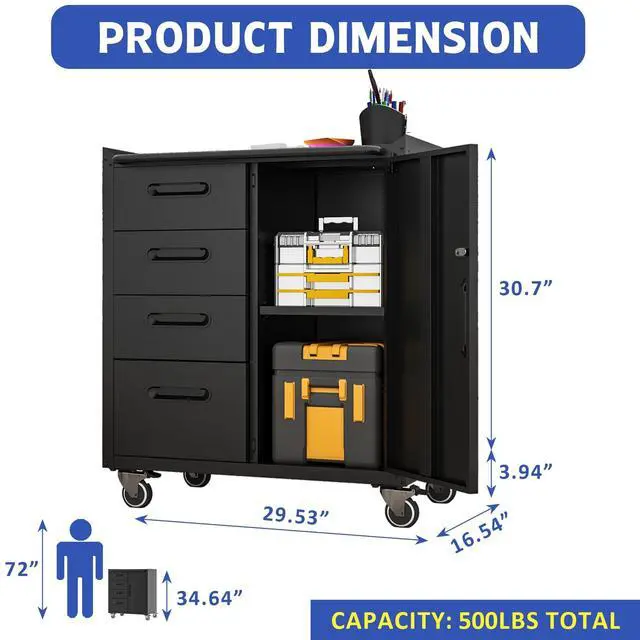 Alt view image 3 of 6 - Mobile Tool Storage Cabinet with 4 Drawer and 1 Locking Doors,Heavy Duty Rolling Tool Cabinets for Garage,Metal Storage Cabinets Tool Cart on Wheels with Wheels,Assembly Required