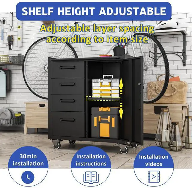 Alt view image 4 of 6 - Mobile Tool Storage Cabinet with 4 Drawer and 1 Locking Doors,Heavy Duty Rolling Tool Cabinets for Garage,Metal Storage Cabinets Tool Cart on Wheels with Wheels,Assembly Required