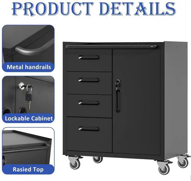 Alt view image 5 of 6 - Mobile Tool Storage Cabinet with 4 Drawer and 1 Locking Doors,Heavy Duty Rolling Tool Cabinets for Garage,Metal Storage Cabinets Tool Cart on Wheels with Wheels,Assembly Required