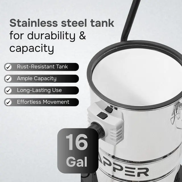 Alt view image 6 of 6 - 16 Gallon 4.5 Peak HP Wet/Dry Vacuum, Stainless Steel Tank, 3 in 1 Function Portable Shop Vacuum with Attachments, Ideal for Jobsite, Garage & Workshop