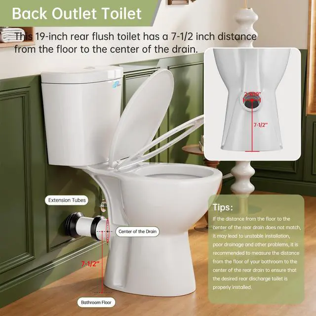 Alt view image 2 of 6 - Rear Outlet Toilet with Tank, 19 Inch ADA Rear High Toilet, Dual Flush 1/1.28GPF Back Discharge Tall Toilet with Comfort Soft Close Seat for Seniors -Includes Extension Pipe