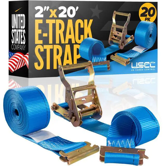Main image of E Track Straps 2" x 20' (20-Pack), 4,400 LBS Break Strength, Blue Heavy Duty E Track Ratchet Straps with 4' Fixed End and Spring E-Fittings, Logistic Tiedowns for Box Trucks, Vans