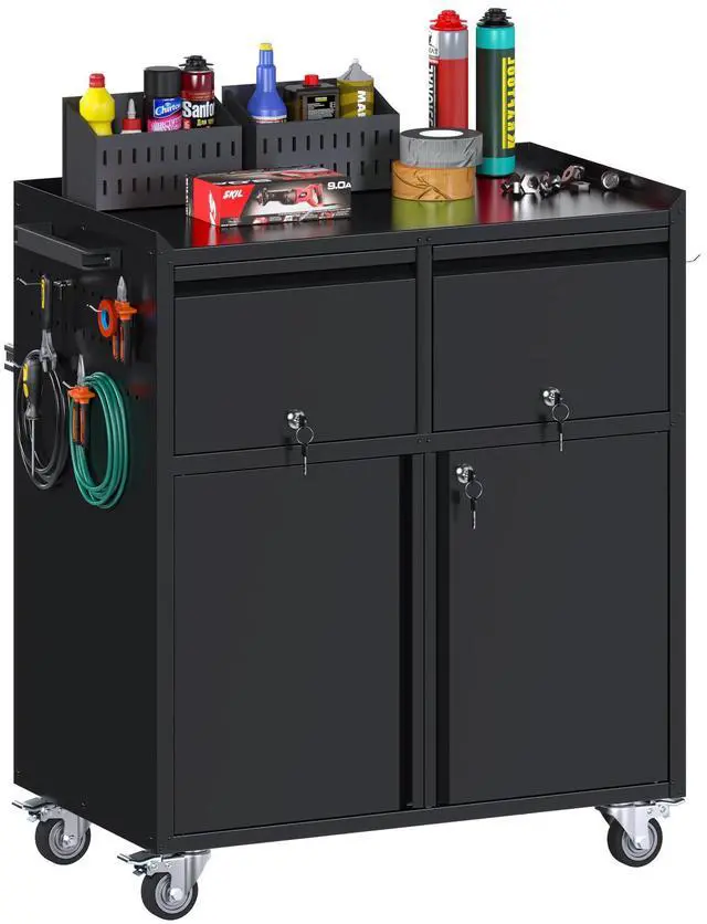 Main image of Metal Garage Storage Cabinet on Wheels, Tool Storage Cabinet with Drawers Pegboard and 4 Hooks for Garage, Home, Office,Assembly Required,Black