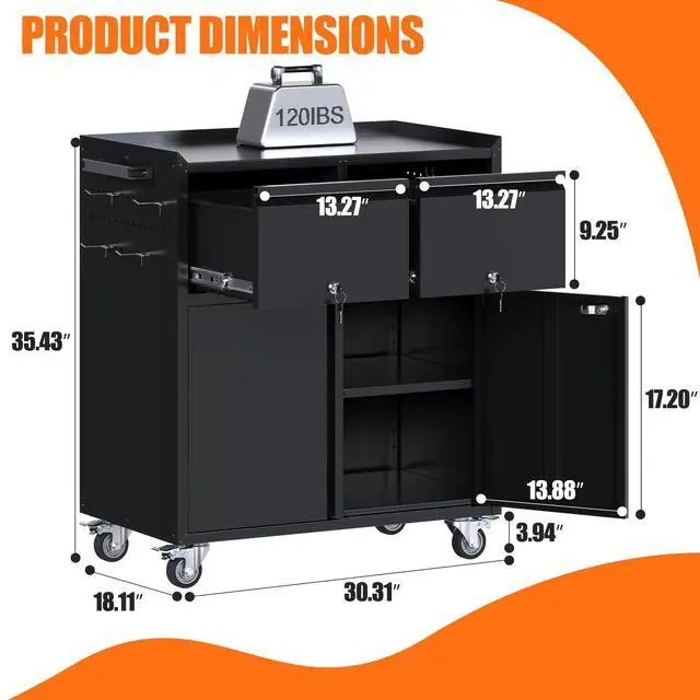 Alt view image 3 of 6 - Metal Garage Storage Cabinet on Wheels, Tool Storage Cabinet with Drawers Pegboard and 4 Hooks for Garage, Home, Office,Assembly Required,Black
