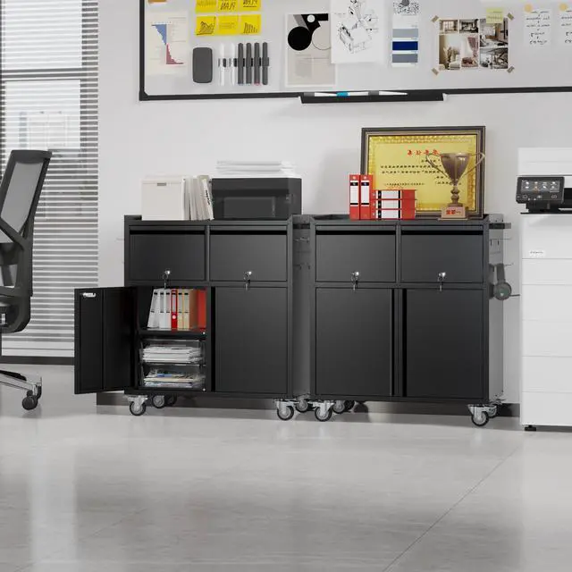 Alt view image 4 of 6 - Metal Garage Storage Cabinet on Wheels, Tool Storage Cabinet with Drawers Pegboard and 4 Hooks for Garage, Home, Office,Assembly Required,Black