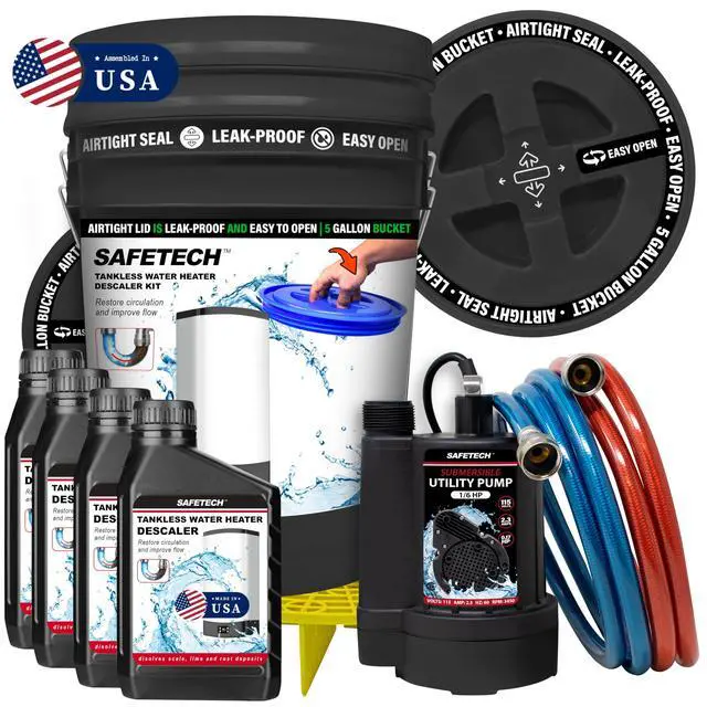 Main image of Tankless Water Heater Flushing Kit with 5-Gallon Screw-Top Lid, Premium Hoses, 1/6 HP Utility Pump, 4 Quarts Descaler, and Pump Grate