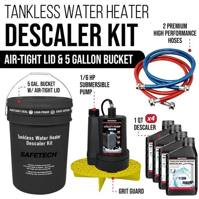Alt view image 2 of 6 - Tankless Water Heater Flushing Kit with 5-Gallon Screw-Top Lid, Premium Hoses, 1/6 HP Utility Pump, 4 Quarts Descaler, and Pump Grate