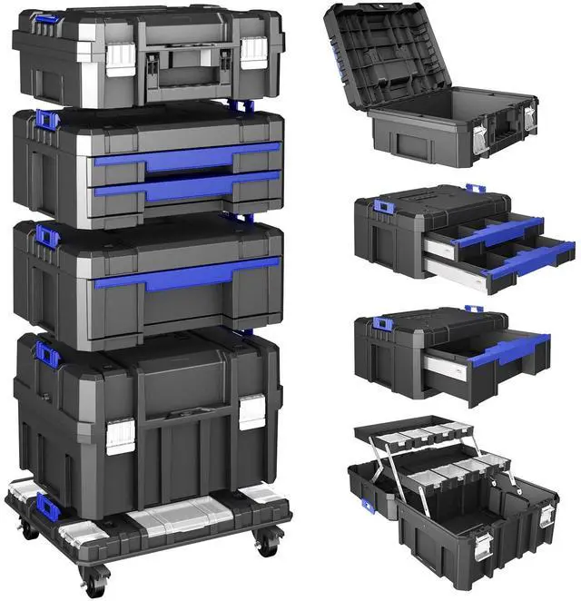 Main image of 4 Tier Stackable Rolling Tool Box with Wheels | Modular Tool Organizer Box Storage System | Portable Tool Box with Drawers | Tough and Durable | for Garage Storage | Home Repairs | Professional Work