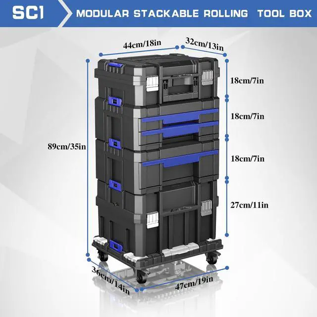 Alt view image 2 of 6 - 4 Tier Stackable Rolling Tool Box with Wheels | Modular Tool Organizer Box Storage System | Portable Tool Box with Drawers | Tough and Durable | for Garage Storage | Home Repairs | Professional Work