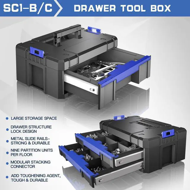 Alt view image 4 of 6 - 4 Tier Stackable Rolling Tool Box with Wheels | Modular Tool Organizer Box Storage System | Portable Tool Box with Drawers | Tough and Durable | for Garage Storage | Home Repairs | Professional Work