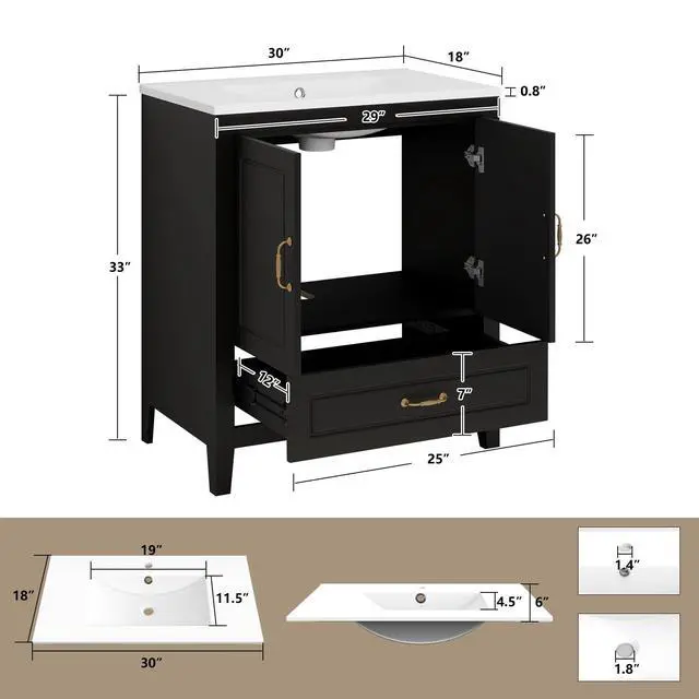 Alt view image 2 of 6 - 30 Bathroom Vanity with Sink, Painted Surface Freestanding Vanity Cabinet with 2 Soft-Close Doors, 1 Drawers,Matte Black Faucet Drain, Modern Bathroom Furniture