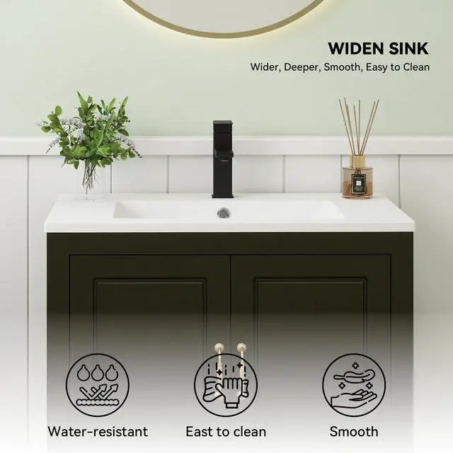 Alt view image 3 of 6 - 30 Bathroom Vanity with Sink, Painted Surface Freestanding Vanity Cabinet with 2 Soft-Close Doors, 1 Drawers,Matte Black Faucet Drain, Modern Bathroom Furniture