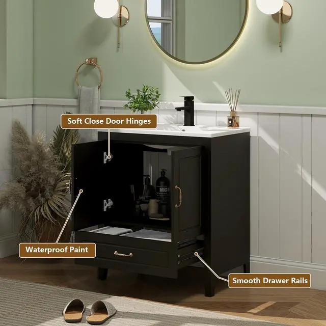 Alt view image 4 of 6 - 30 Bathroom Vanity with Sink, Painted Surface Freestanding Vanity Cabinet with 2 Soft-Close Doors, 1 Drawers,Matte Black Faucet Drain, Modern Bathroom Furniture