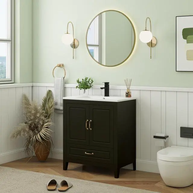 Alt view image 5 of 6 - 30 Bathroom Vanity with Sink, Painted Surface Freestanding Vanity Cabinet with 2 Soft-Close Doors, 1 Drawers,Matte Black Faucet Drain, Modern Bathroom Furniture