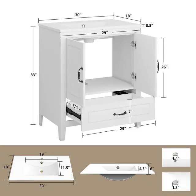 Alt view image 2 of 6 - 30 Bathroom Vanity with Sink, Painted Surface Freestanding Vanity Cabinet with 2 Soft-Close Doors, 1 Drawers,Matte Black Faucet Drain, Modern Bathroom Furniture