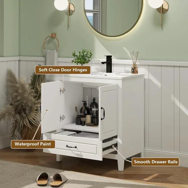 Alt view image 4 of 6 - 30 Bathroom Vanity with Sink, Painted Surface Freestanding Vanity Cabinet with 2 Soft-Close Doors, 1 Drawers,Matte Black Faucet Drain, Modern Bathroom Furniture