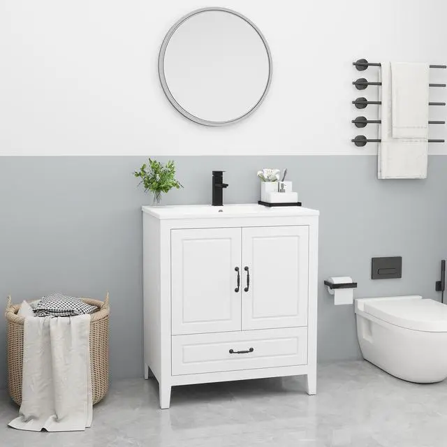Alt view image 5 of 6 - 30 Bathroom Vanity with Sink, Painted Surface Freestanding Vanity Cabinet with 2 Soft-Close Doors, 1 Drawers,Matte Black Faucet Drain, Modern Bathroom Furniture