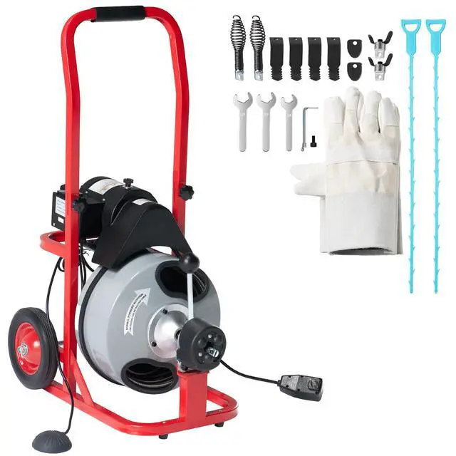 Main image of 50 FT x 1/2 inch Electric Drain Cleaner Machine with Auto-Feed & 10 Cutters, Sewer Snake Auger for 14 Inch Pipes, Foot Switch & Wheels, Ideal for Home & Commercial Use, Gray/Red