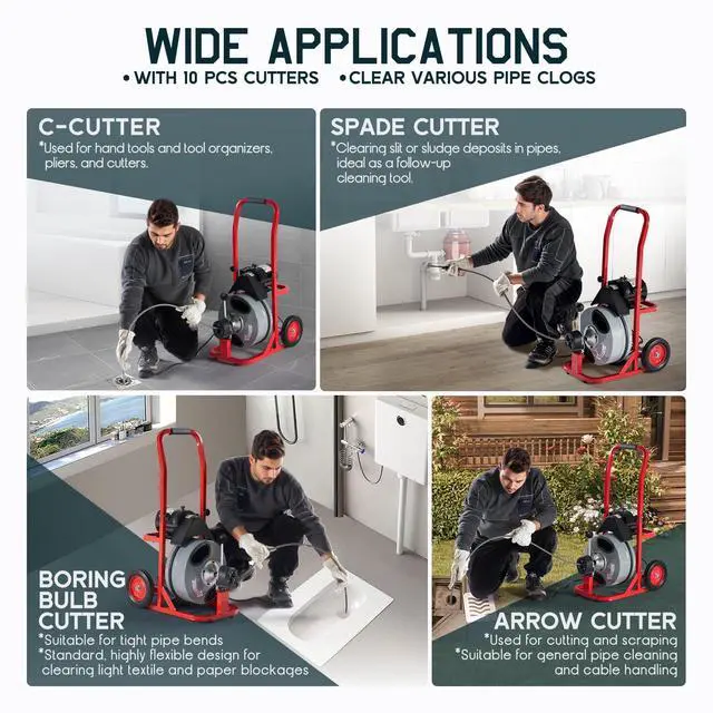 Alt view image 3 of 6 - 50 FT x 1/2 inch Electric Drain Cleaner Machine with Auto-Feed & 10 Cutters, Sewer Snake Auger for 14 Inch Pipes, Foot Switch & Wheels, Ideal for Home & Commercial Use, Gray/Red